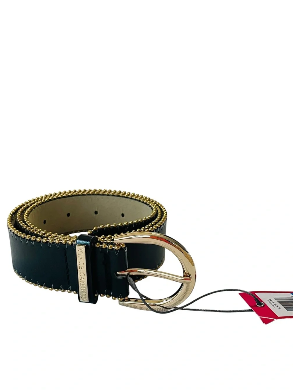 Vince Camuto NWT Black Leather Belt with Gold-Tone Beaded Trim and Buckle